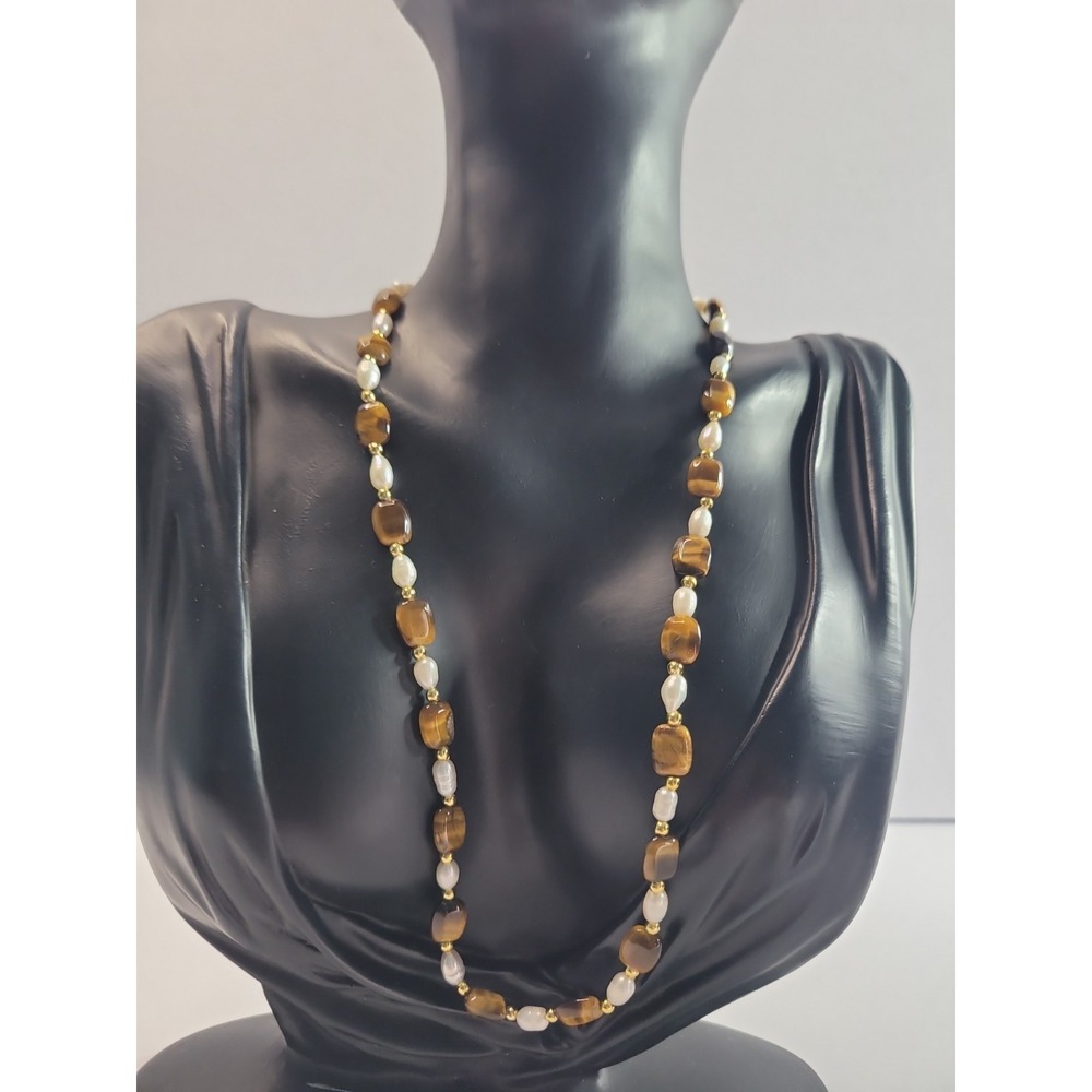 Long Brown Cream Beaded Necklace Gold Tone Boho Statement Layering Jewelry
